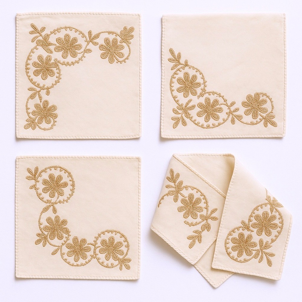 Vintage Embroidered Linen Napkins Set of 4 Gold Floral Mid Century Table Linens